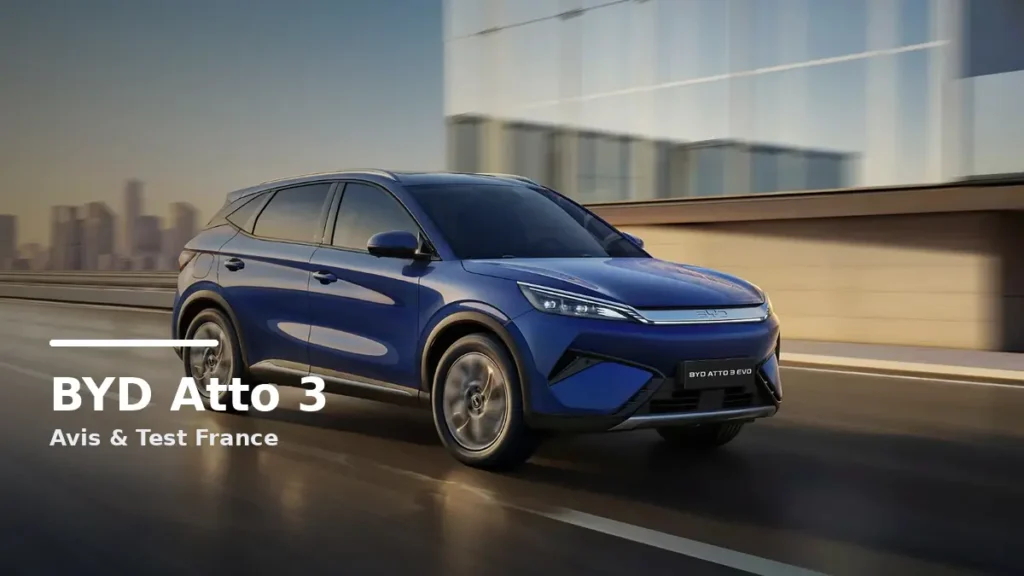 BYD Atto 3 electric SUV in a modern French city scene