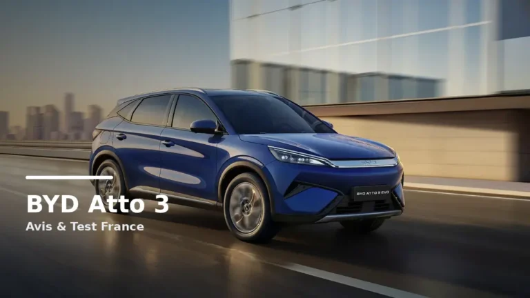 BYD Atto 3 electric SUV in a modern French city scene