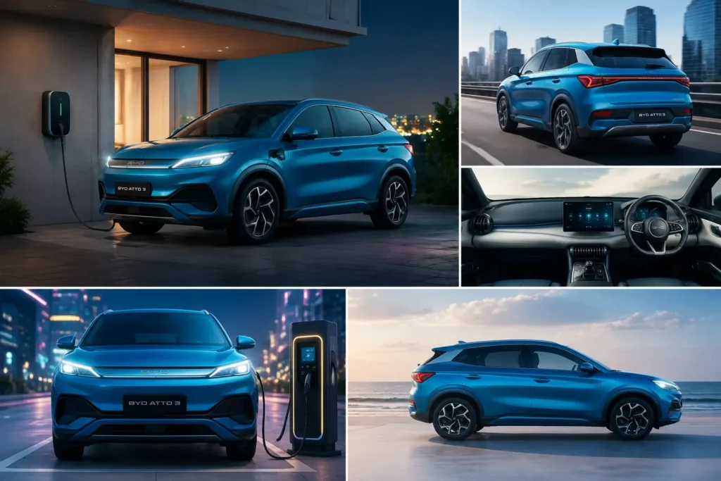 BYD Atto 3 electric SUV charging in modern futuristic scenes