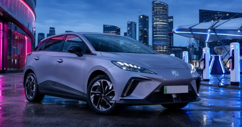 MG4 EV at a futuristic charging plaza in a modern UK city at blue hour