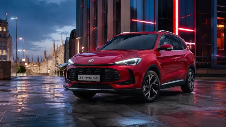 MG ZS Hybrid+ rossa in una città italiana moderna con atmosfera high-tech