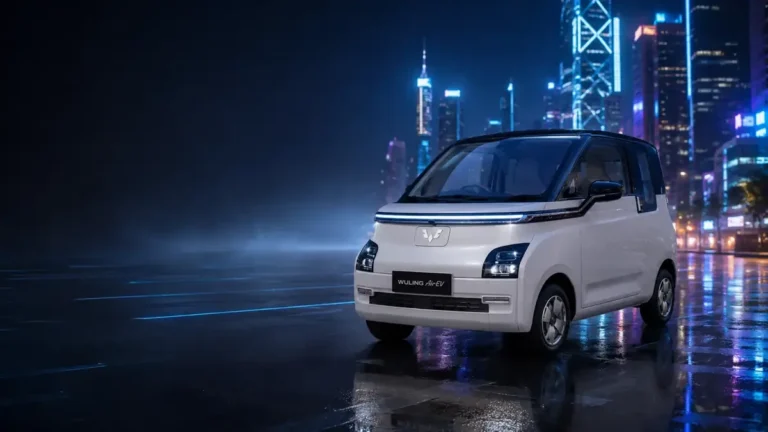 Wuling Air EV in a futuristic modern city setting for a Germany buyer guide